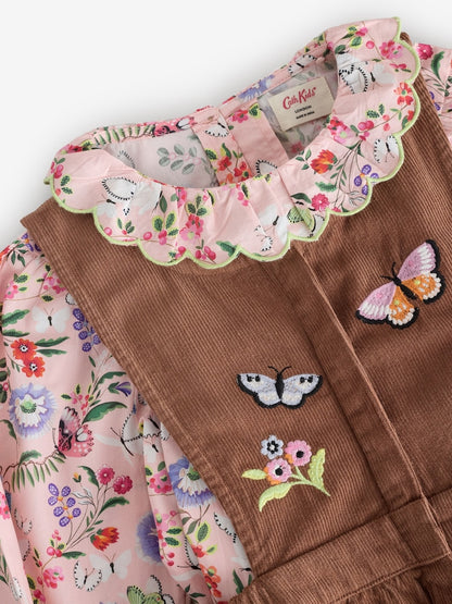 Brown Butterfly Embroidered Cord Dungaree and Blouse set (3mths-7yrs)