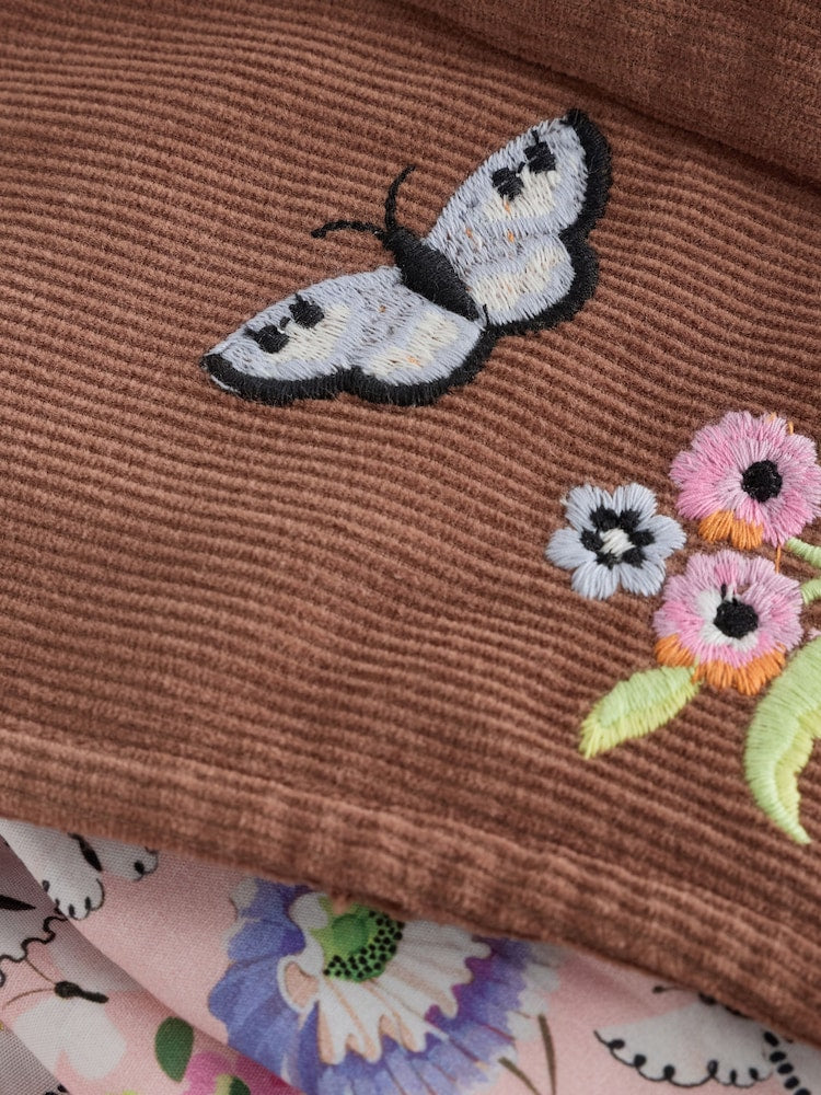 Brown Butterfly Embroidered Cord Dungaree and Blouse set (3mths-7yrs)