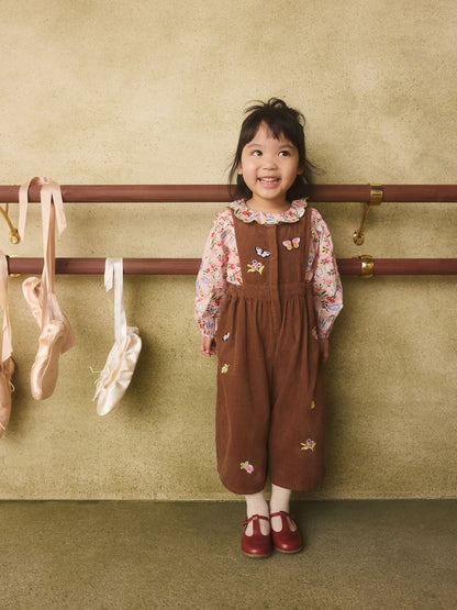 Brown Butterfly Embroidered Cord Dungaree and Blouse set (3mths-7yrs)