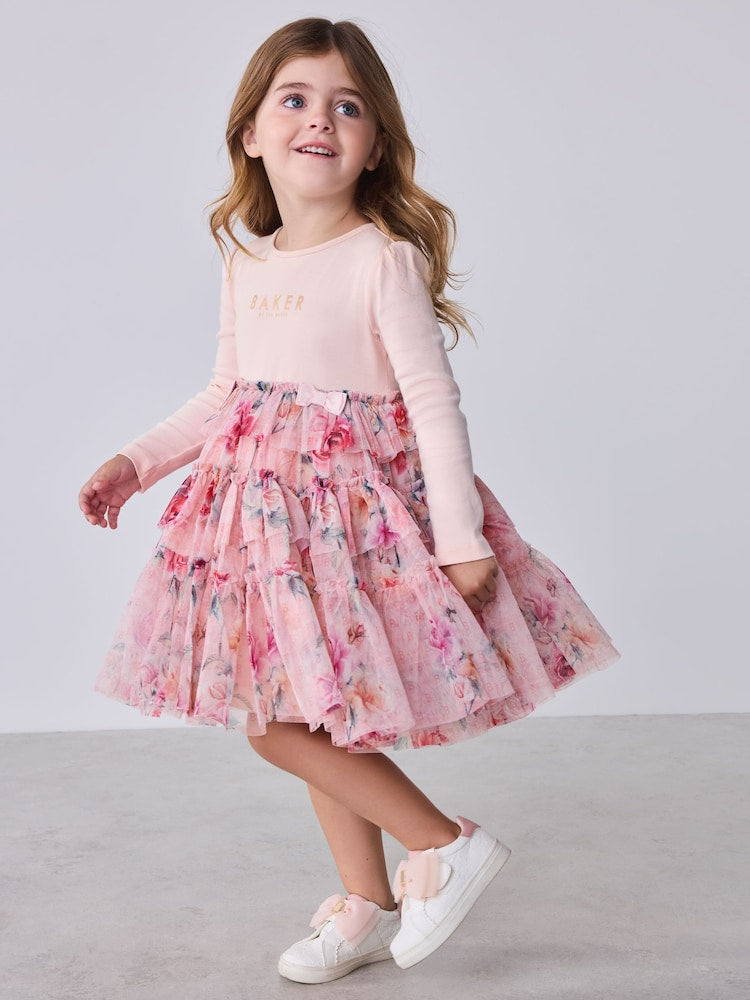 Baker by Ted Baker Pink Floral Tiered Mesh Mockable Dress - Size Up To 3 Months (50 - 62cm)