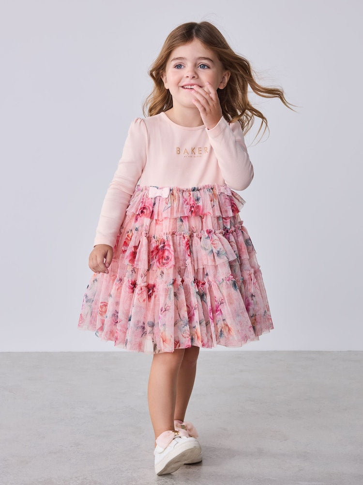 Baker by Ted Baker Pink Floral Tiered Mesh Mockable Dress - Size Up To 3 Months (50 - 62cm)