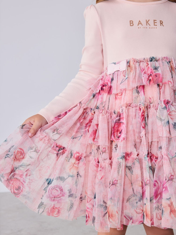 Baker by Ted Baker Pink Floral Tiered Mesh Mockable Dress - Size Up To 3 Months (50 - 62cm)