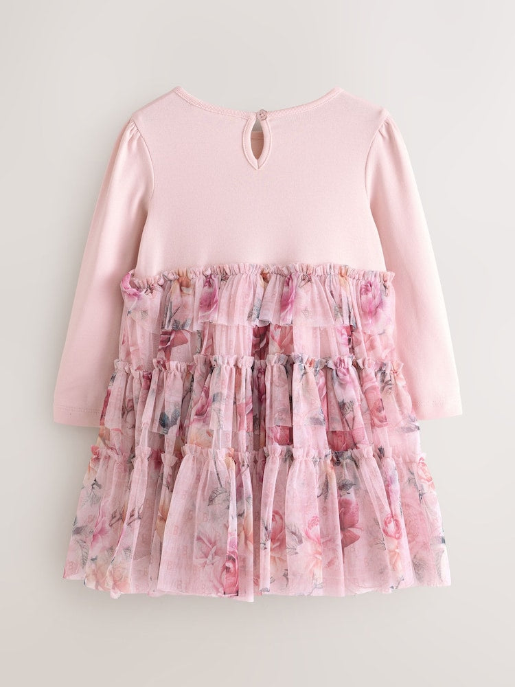 Baker by Ted Baker Pink Floral Tiered Mesh Mockable Dress - Size Up To 3 Months (50 - 62cm)