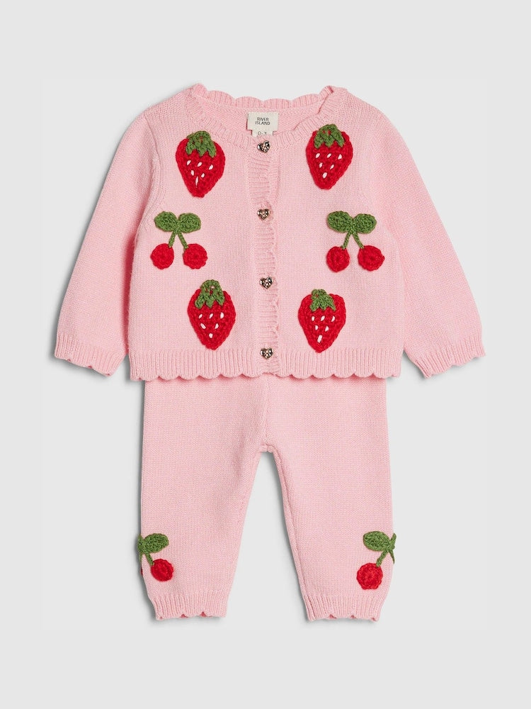 River Island Pink Strawberry &amp; Cherry Cardigan Set - River Island Pink Strawberry &amp; Cherry / Up To 3 Months (50 - 62cm)