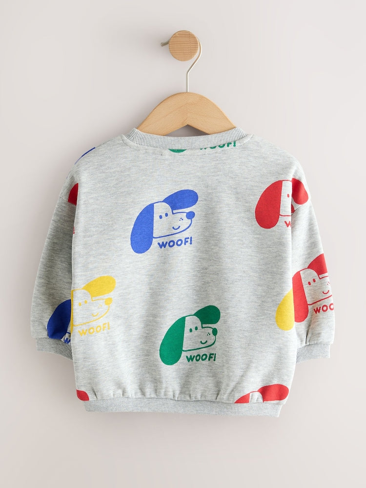 Grey Printed Dogs All Over Printed Crew Neck Sweat Top (3mths-7yrs)