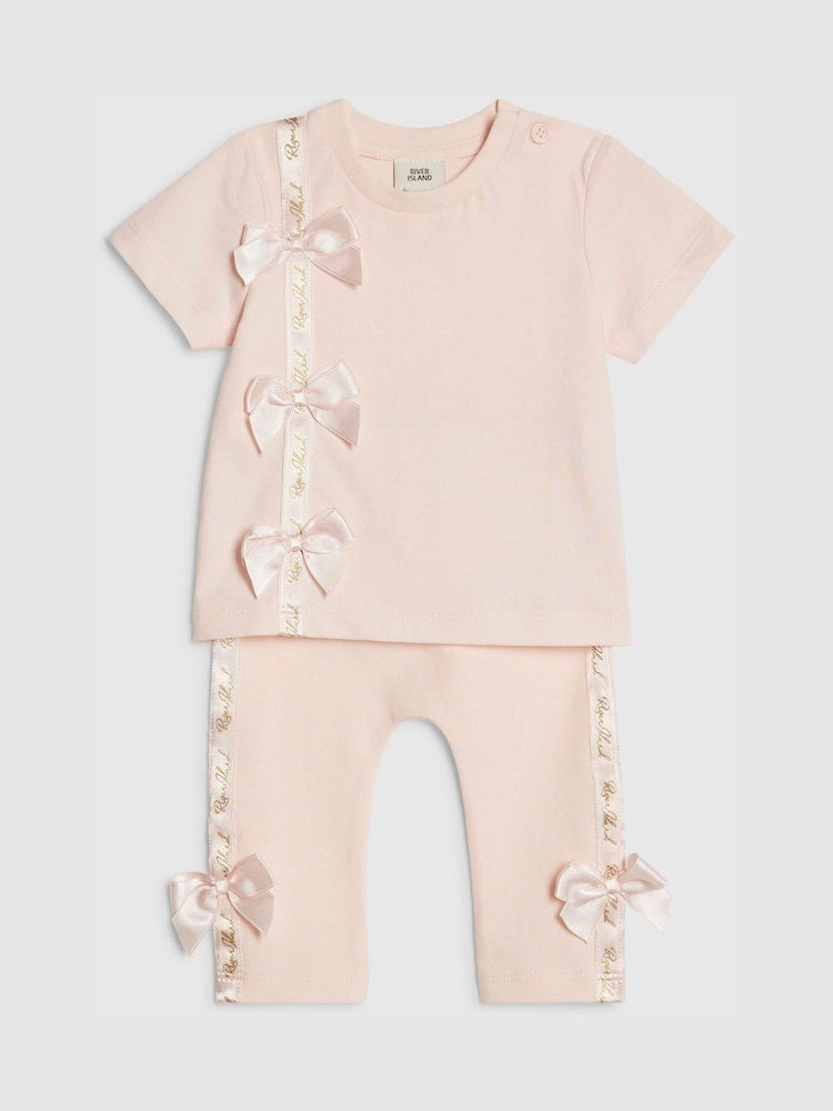 River Island Pink Branded Satin Bow T-Shirt and Leggings Set