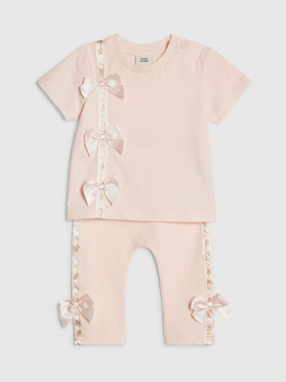 River Island Pink Branded Satin Bow T-Shirt and Leggings Set