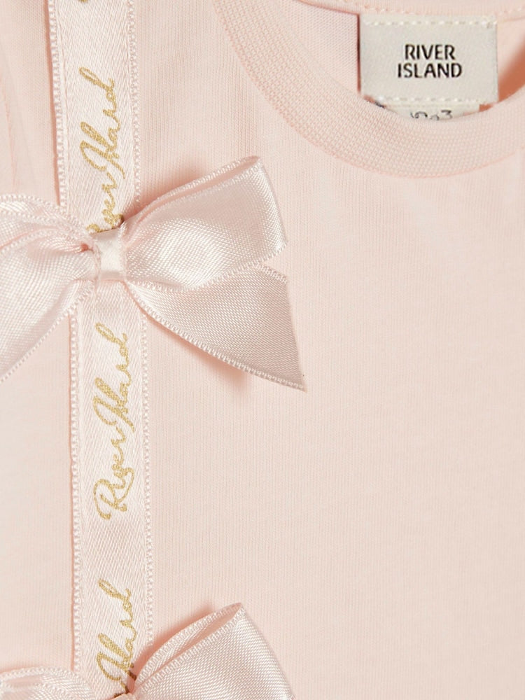 River Island Pink Branded Satin Bow T-Shirt and Leggings Set