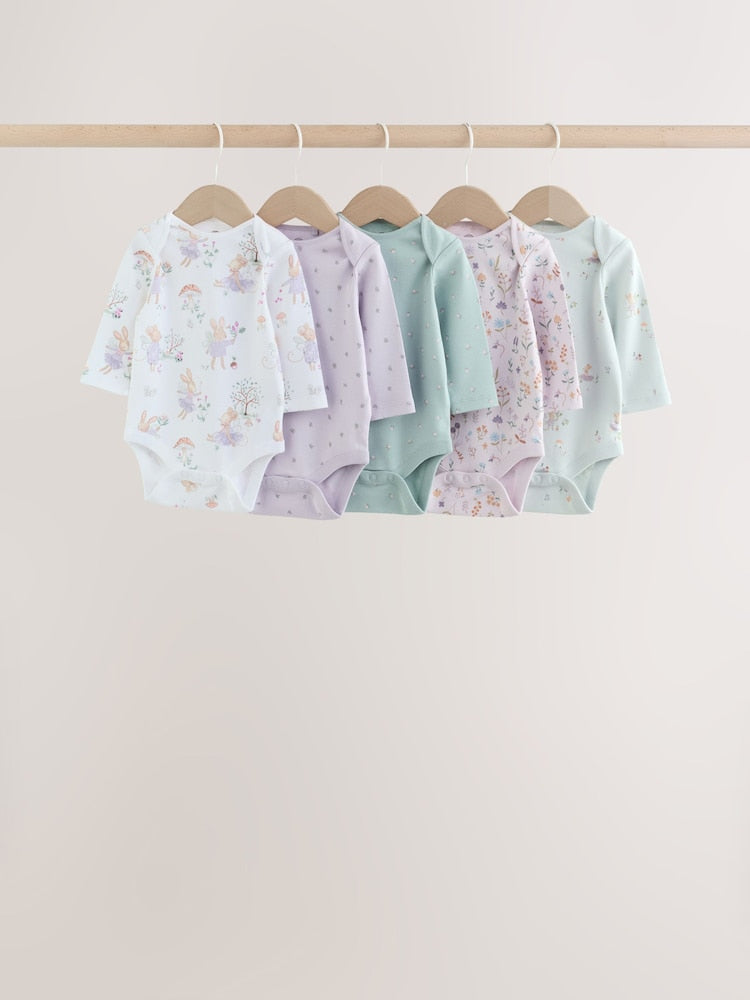 Lilac/Sage Fairy Mouse Long Sleeve Baby Bodysuits 5 Pack - Up to 1 Month (50-56cm)