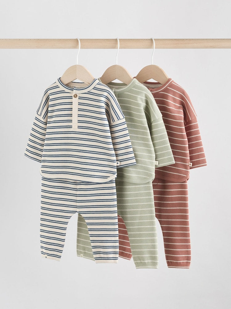 Green/Blue/Brown Stripe Baby Top &amp; Leggings 6 Piece Set (0mths-3yrs) - Size Up to 1 Month (56cm) - Green/Blue/Brown Stripe
