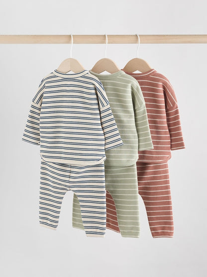 Green/Blue/Brown Stripe Baby Top &amp; Leggings 6 Piece Set (0mths-3yrs) - Size Up to 1 Month (56cm)
