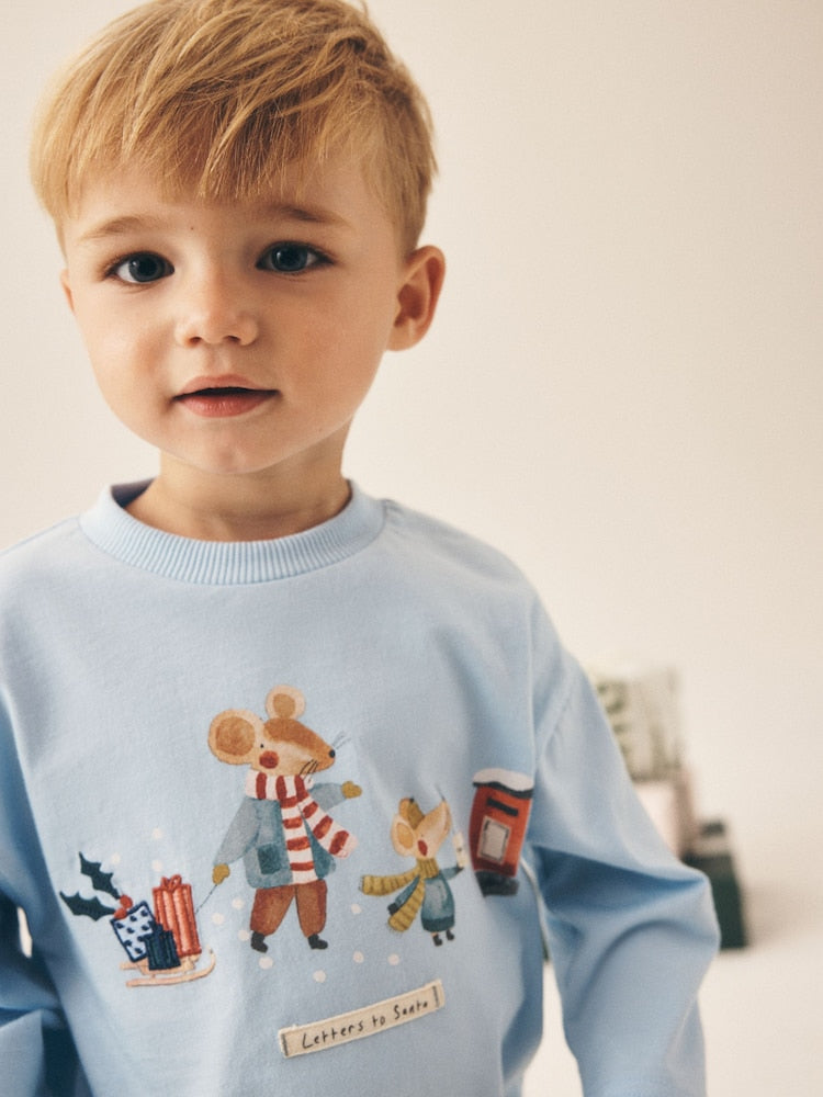 Light Blue Embroidered Letter to Santa Mouse Long Sleeve Christmas T-Shirt (3mths-7yrs)