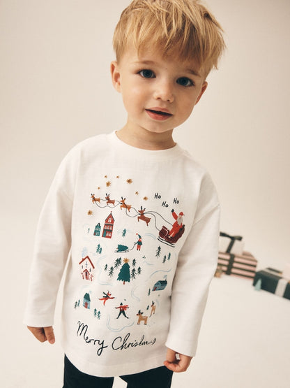 Cream/White Embroidered Scene Long Sleeve Christmas T-Shirt (3mths-7yrs) - 12-18 Months (80-86cm)