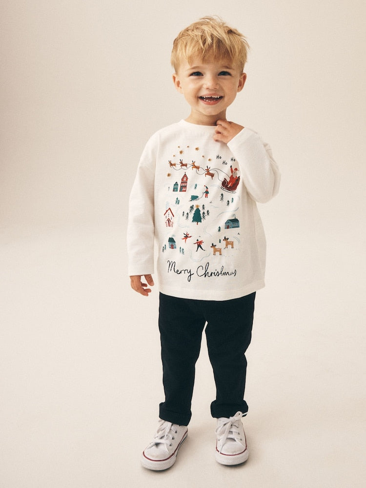 Cream/White Embroidered Scene Long Sleeve Christmas T-Shirt (3mths-7yrs)