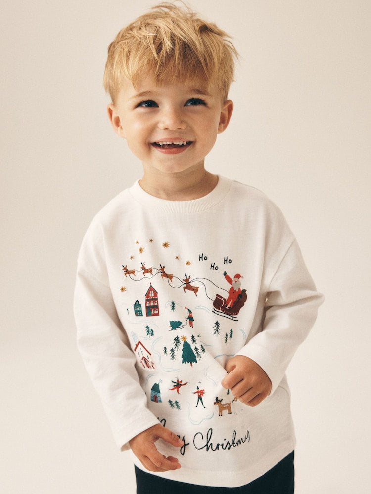 Cream/White Embroidered Scene Long Sleeve Christmas T-Shirt (3mths-7yrs)