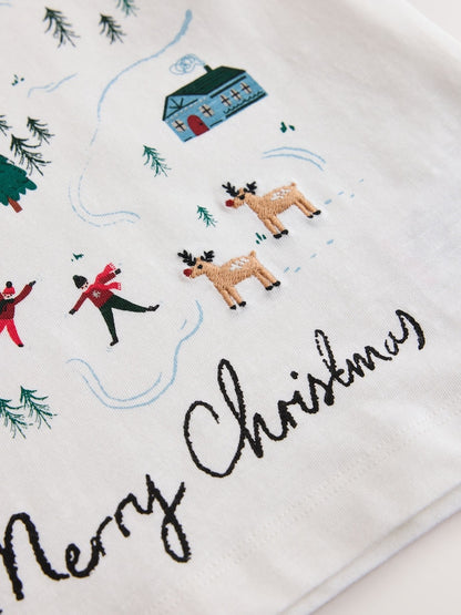 Cream/White Embroidered Scene Long Sleeve Christmas T-Shirt (3mths-7yrs)