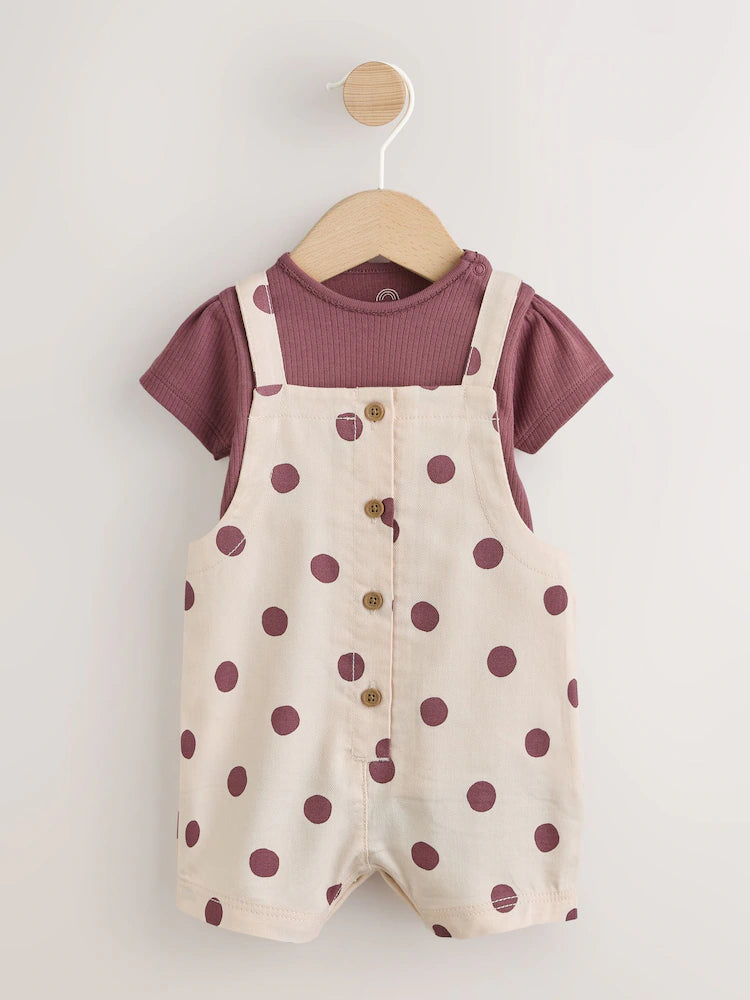 Burgundy/Ecru Spot Woven Baby Dungaree And Bodysuit 2 Piece Set