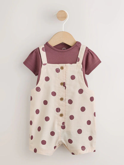 Burgundy/Ecru Spot Woven Baby Dungaree And Bodysuit 2 Piece Set