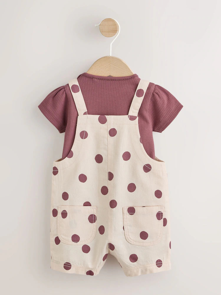Burgundy/Ecru Spot Woven Baby Dungaree And Bodysuit 2 Piece Set