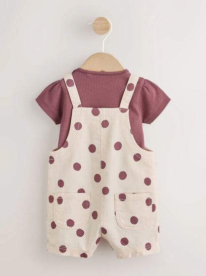 Burgundy/Ecru Spot Woven Baby Dungaree And Bodysuit 2 Piece Set