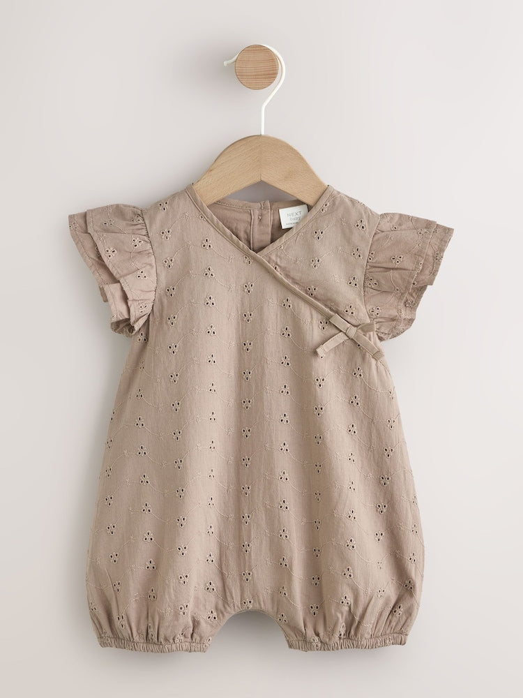Chocolate Brown Broderie Baby Romper (0mths-2yrs) - Chocolate Brown / 12-18 Months (80-86cm)