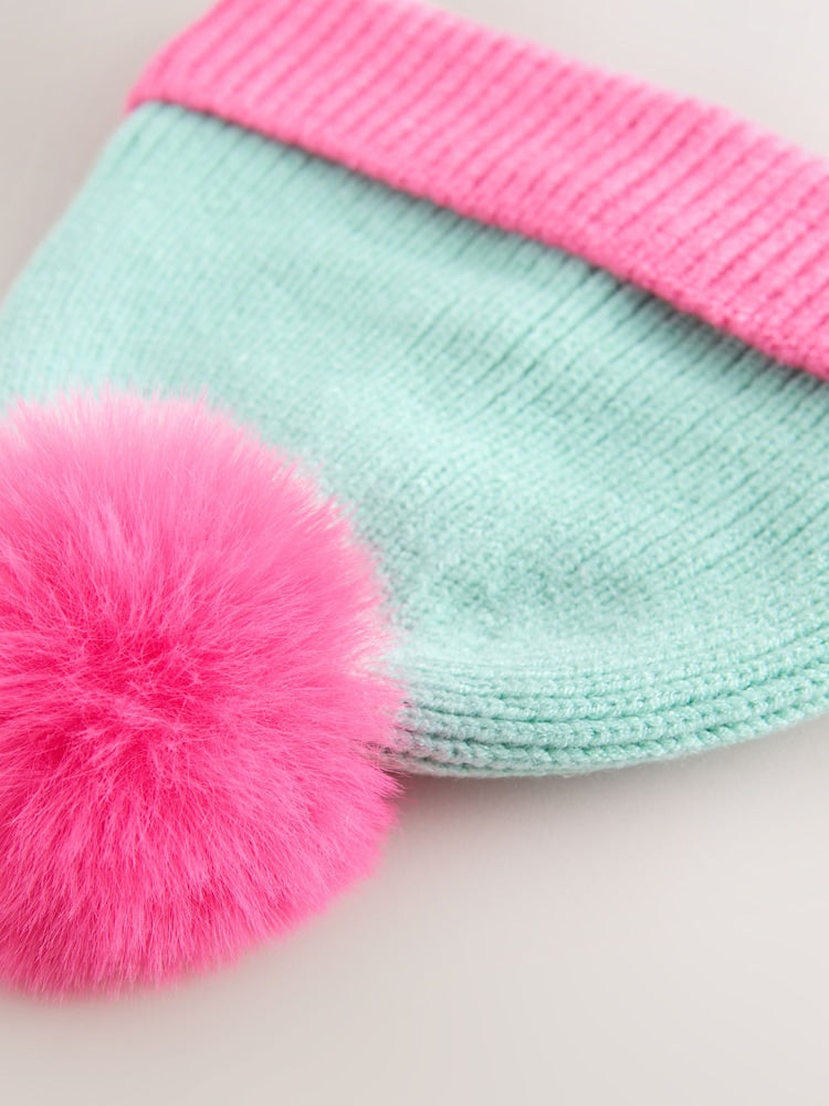 Pink and Blue Colour Block Knitted Baby Pom Hat