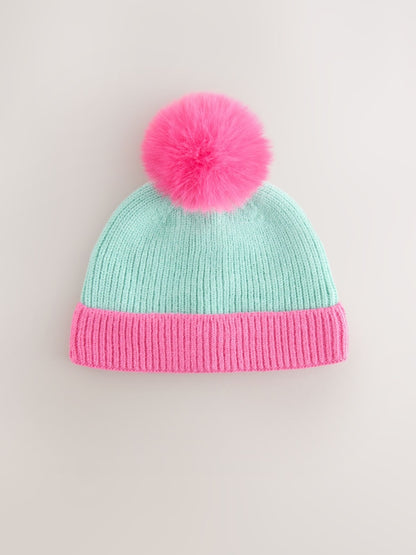 Pink and Blue Colour Block Knitted Baby Pom Hat