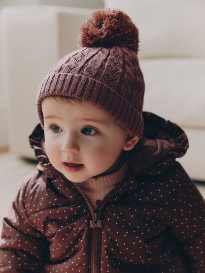 Brown Cable Knitted Cable Knitted Pom Baby Beanie Hat - Brown Cable Knitted / Up to 1 Month (50-56cm)