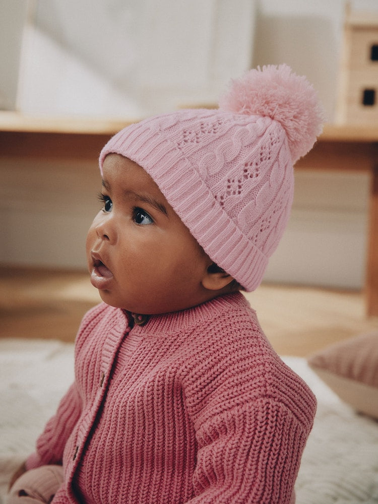 Pink Cable Knitted Pom Cable Knitted Pom Baby Beanie Hat - Pink Cable Knitted Pom / Up to 1 Month (50-56cm)