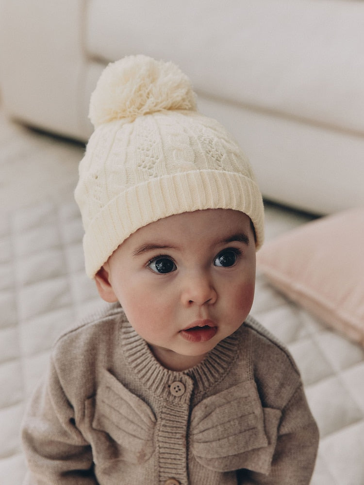 Cream Cable Knitted Pom Baby Beanie Hat - Cream / Up to 1 Month (50-56cm)
