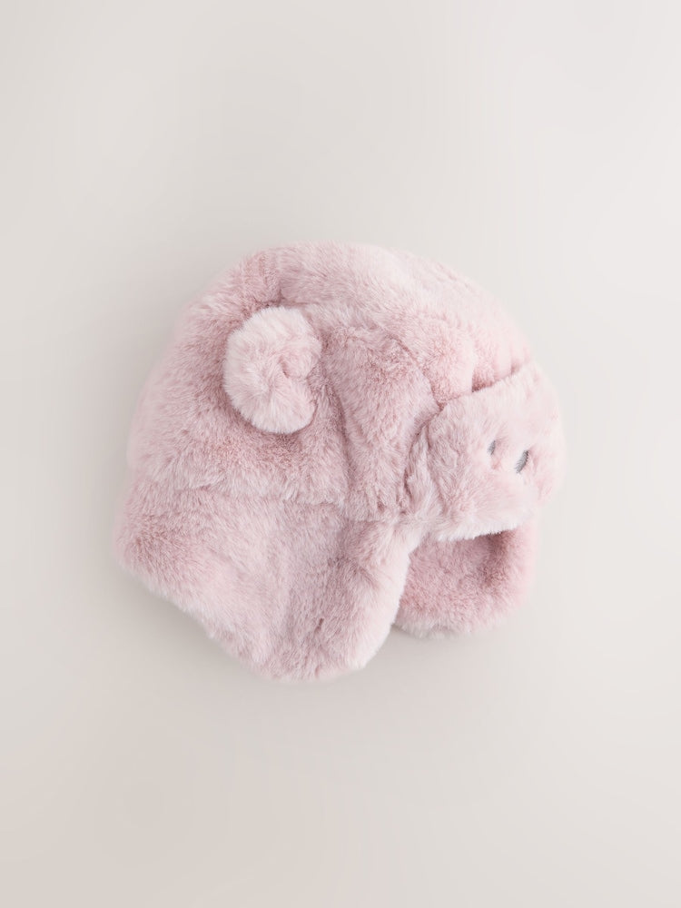 Pink Bear Embroidered Faux Fur Trapper Baby Hat - Pink Bear Embroidered Faux Fur / Up to 1 Month (50-56cm)