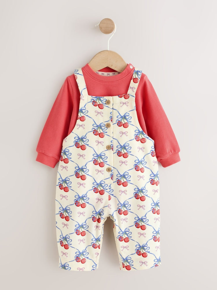 Ecru Cherry Baby Long Sleeve Bodysuit And Woven Dungaree 2 Piece Set (0mths-2yrs) - Ecru Cherry / Up to 1 Month (50-56cm)