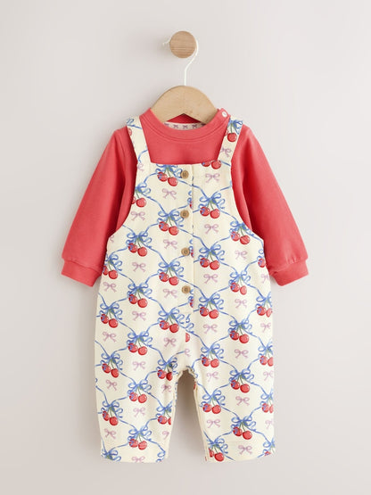 Ecru Cherry Baby Long Sleeve Bodysuit And Woven Dungaree 2 Piece Set (0mths-2yrs) - Ecru Cherry / Up to 1 Month (50-56cm)