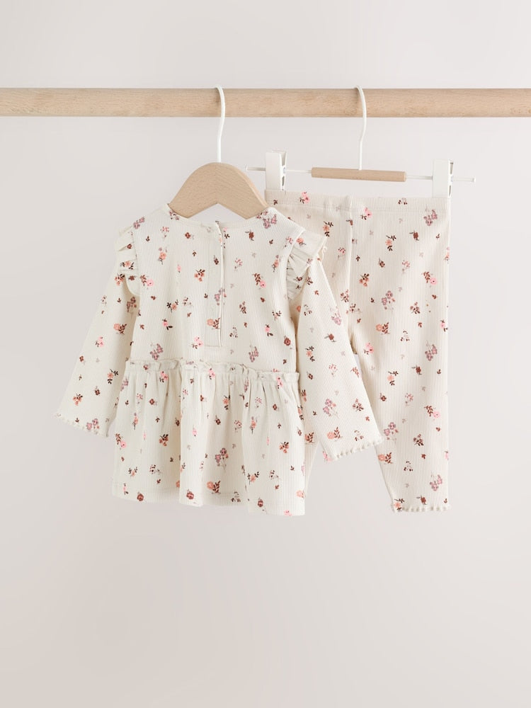 Ecru Floral Peplum Top and Leggings Baby Set (0mths-2yrs)