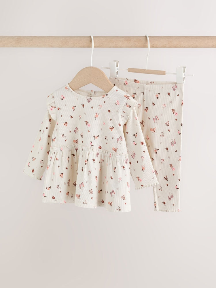Ecru Floral Peplum Top and Leggings Baby Set (0mths-2yrs)