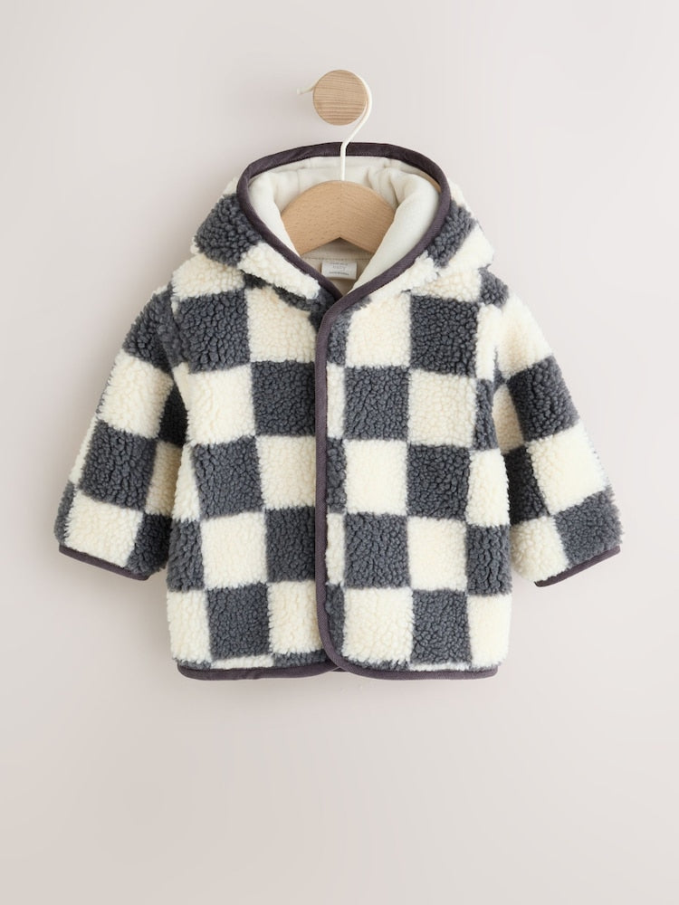 Grey Checkerboard Hooded Borg Baby Jacket (0mths-2yrs) - Grey Checkerboard / Up to 1 Month (50-56cm)