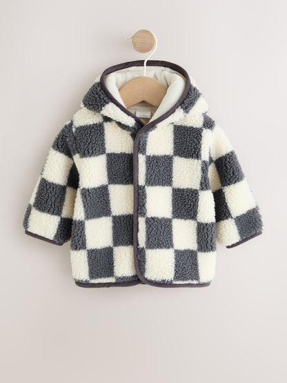 Grey Checkerboard Hooded Borg Baby Jacket (0mths-2yrs) - Grey Checkerboard / Up to 1 Month (50-56cm)