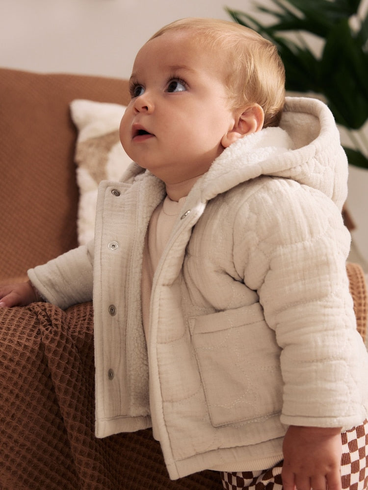 Cream Crinkle Bear Face Quilted Baby Jacket - Up to 1 Month (50-56cm)