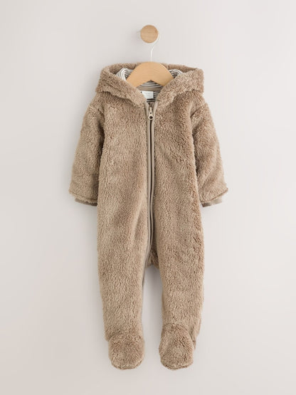 Brown Fleece Hooded Baby Pramsuit - Up to 1 Month (50-56cm)