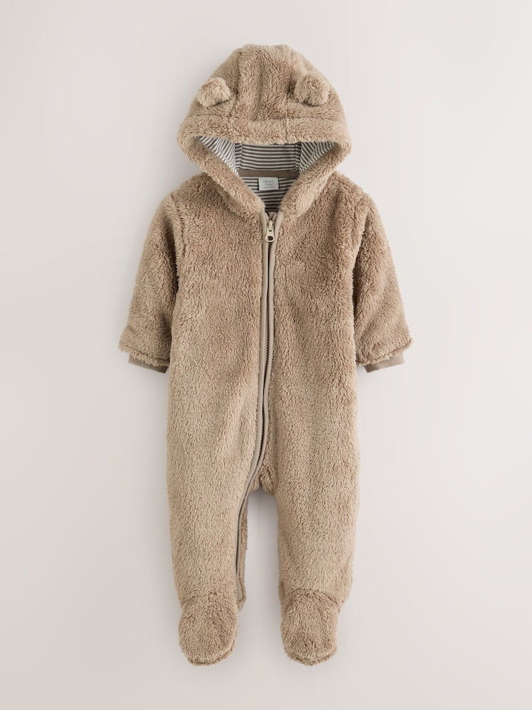 Brown Fleece Hooded Baby Pramsuit