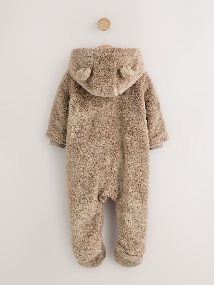 Brown Fleece Hooded Baby Pramsuit