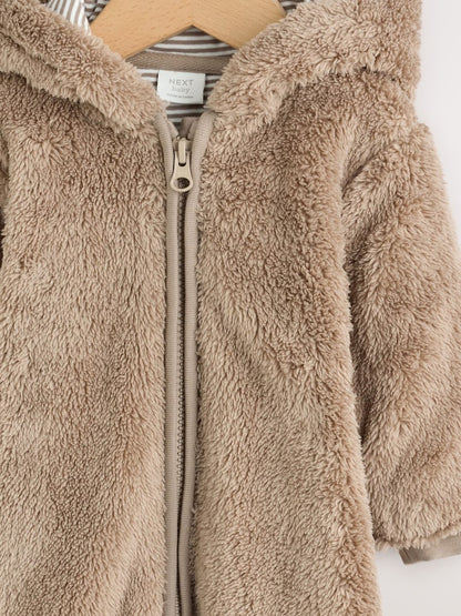 Brown Fleece Hooded Baby Pramsuit