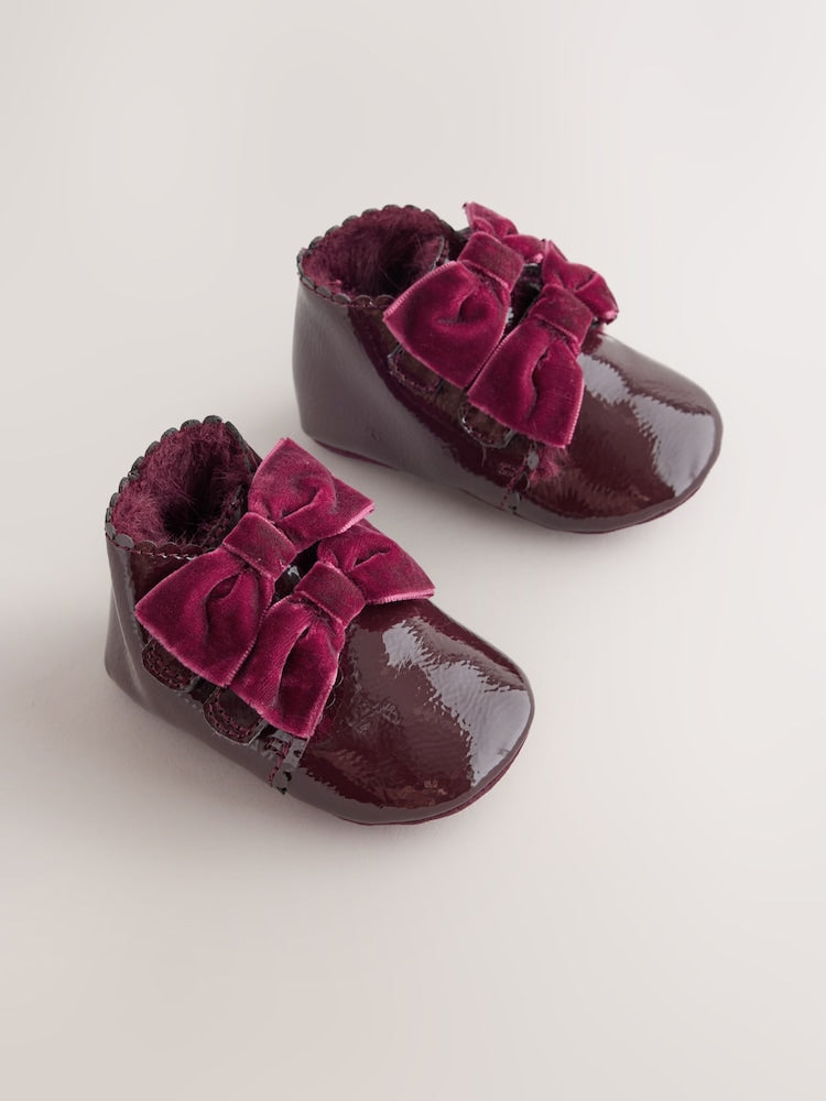 Burgundy Red Bow Baby Boots (0-24mths) - Up to 1 Month (50-56cm)