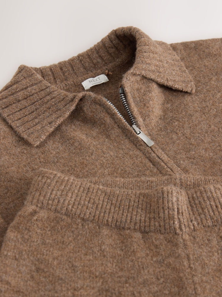Brown Knitted Zip Cardigan &amp; Trousers Set (3-16yrs)