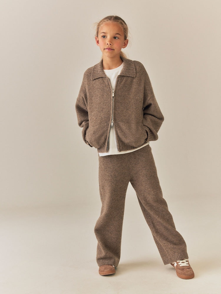 Brown Knitted Zip Cardigan &amp; Trousers Set (3-16yrs)