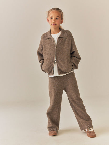 Brown Knitted Zip Cardigan &amp; Trousers Set (3-16yrs)