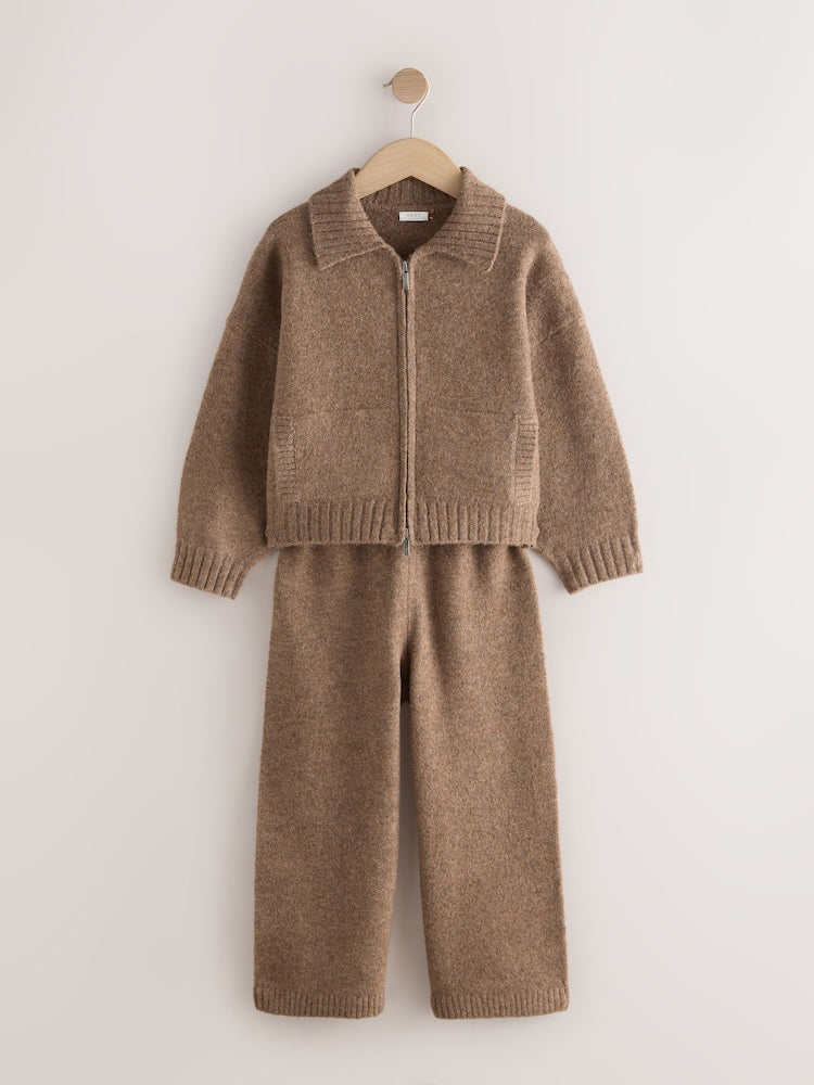 Brown Knitted Zip Cardigan &amp; Trousers Set (3-16yrs)