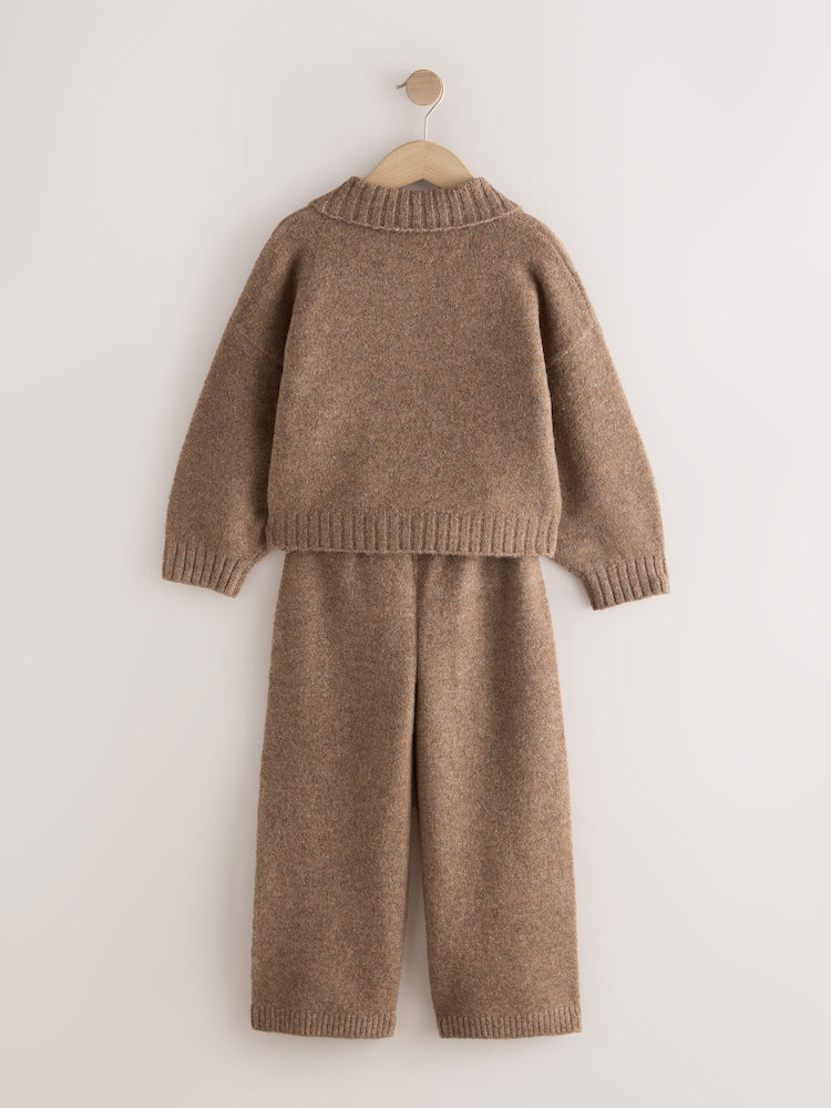 Brown Knitted Zip Cardigan &amp; Trousers Set (3-16yrs)
