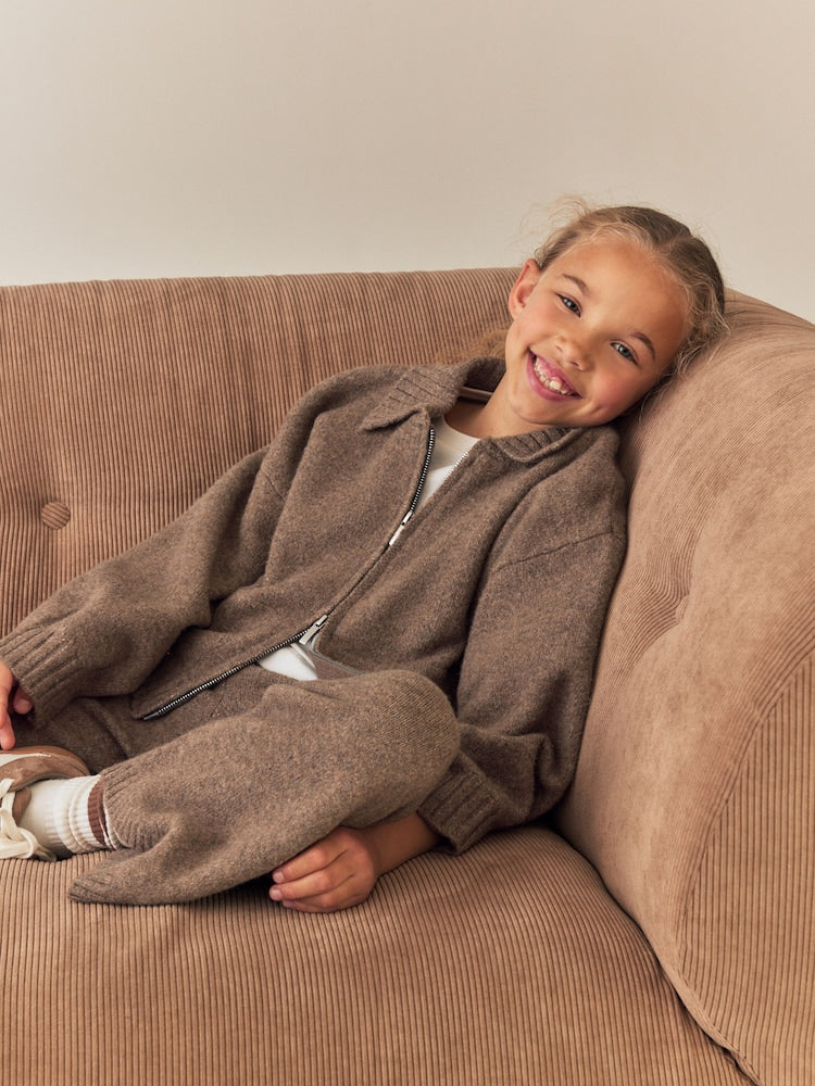 Brown Knitted Zip Cardigan &amp; Trousers Set (3-16yrs)