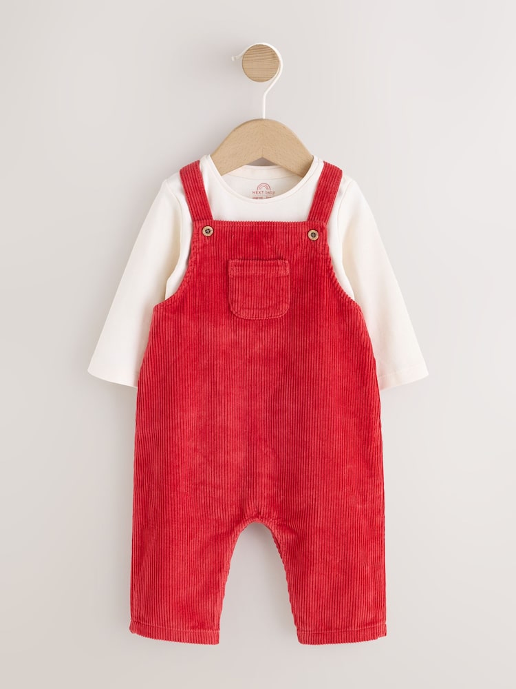 Red Plain Cord Dungaree and Bodysuit Baby Set (0mths-2yrs) - Red / 12 - 18 Months (80 - 86cm)